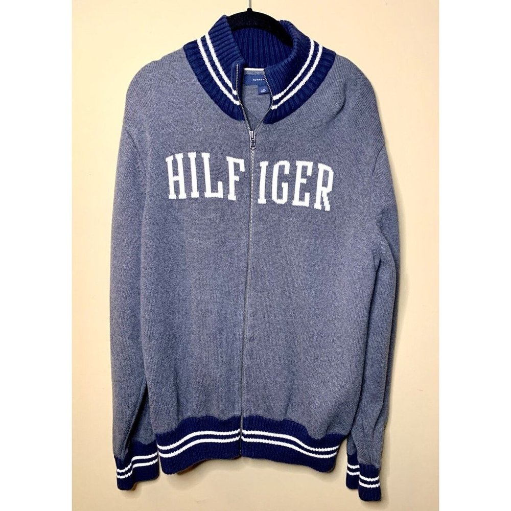 Tommy Hilfiger Sweater Men’s Full Zip Up Gray Size Large Spell Out Heavyweight